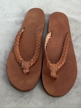 Rainbow Brown Braided Leather Women's Flip Flops